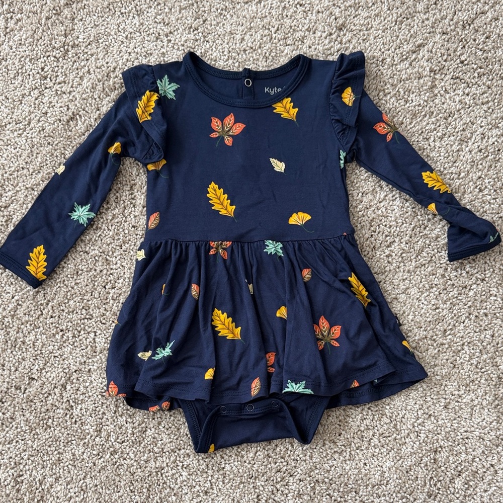 Kyte BABY Navy Dress with Autumn Leaves